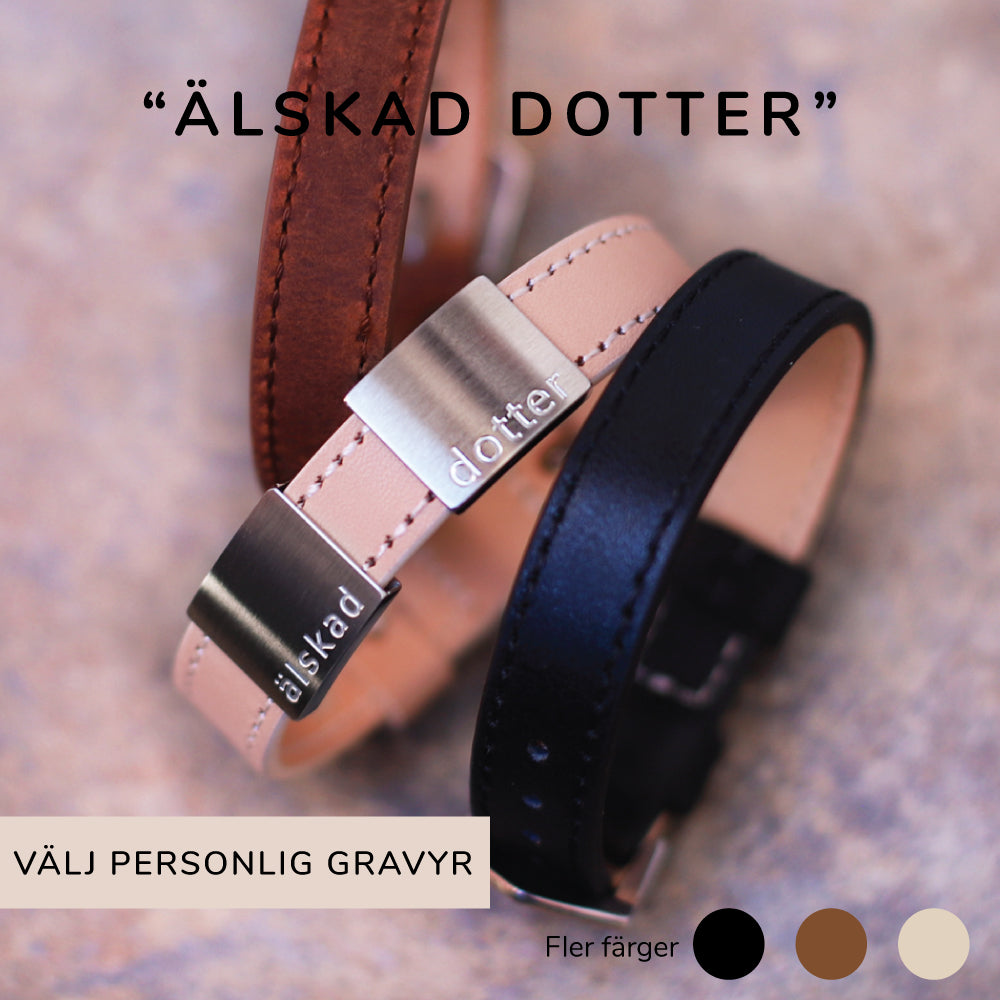 Snyggt och stilrent läderarmband med färdig personlig gravyr - Köp gärna även till brickor med EGEN GRAVYR!