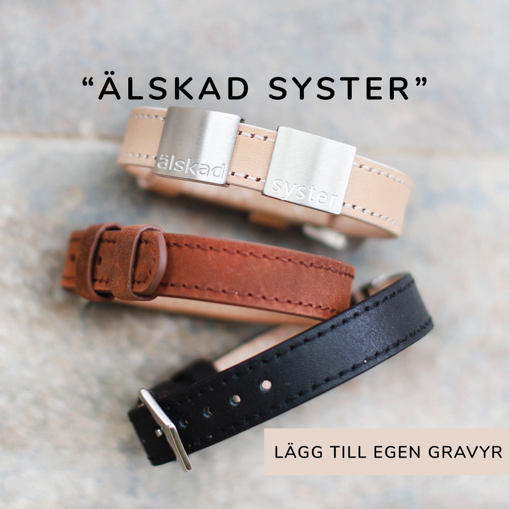 Snyggt och stilrent läderarmband med färdig personlig gravyr - Köp gärna även till brickor med EGEN GRAVYR!