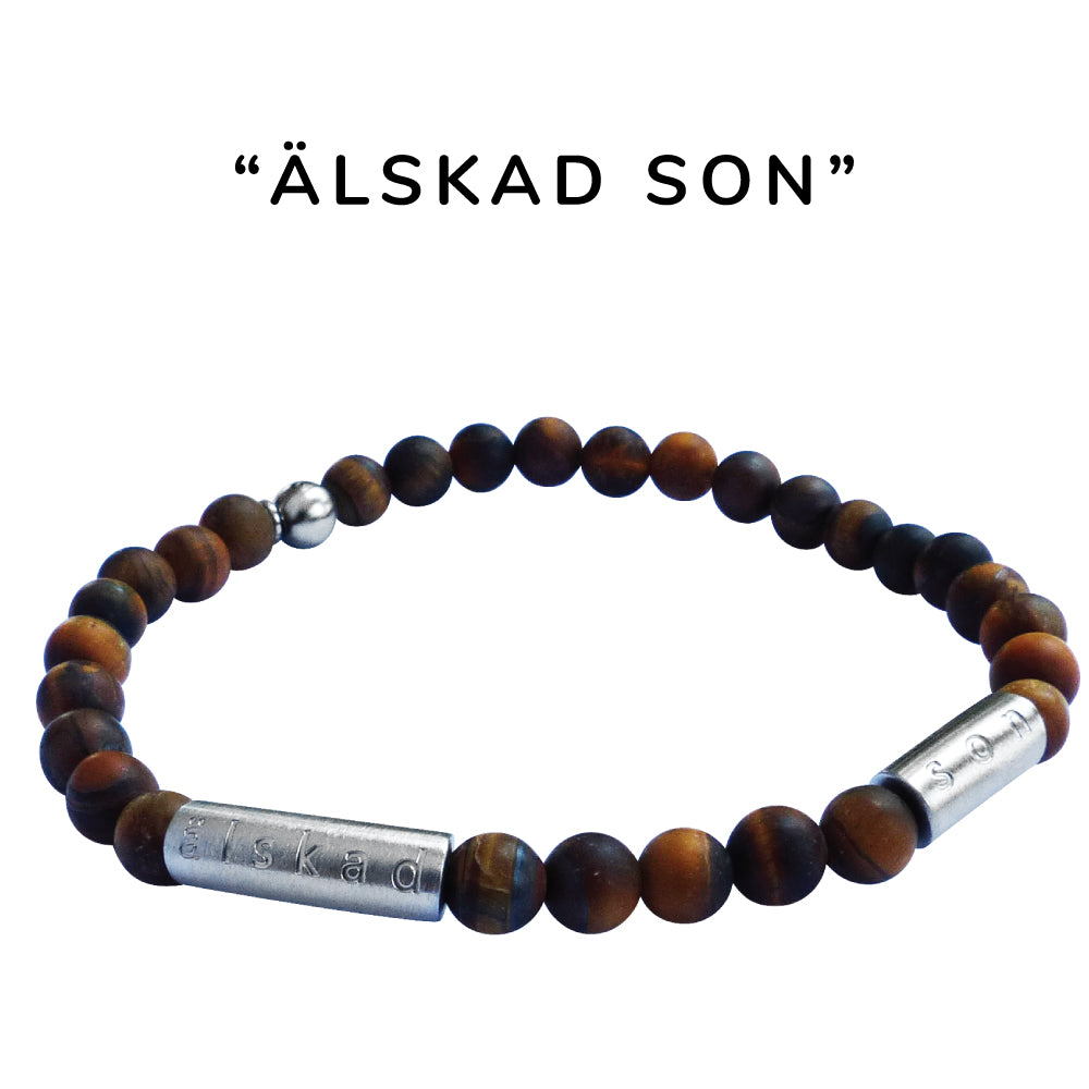 Snyggt elastiskt armband i brunmelerad halvädelsten Tigeröga och borstad stål med text