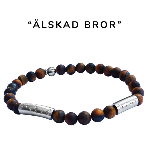 Snyggt elastiskt armband i brunmelerad halvädelsten Tigeröga och borstad stål med text